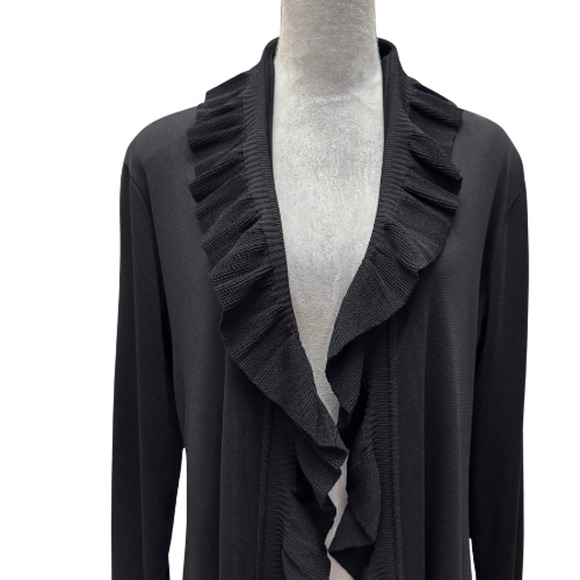 Misook Black Ruffled Knit Long Cardigan Sweater Jacket Size M 100% Acrylic - Picture 2 of 9